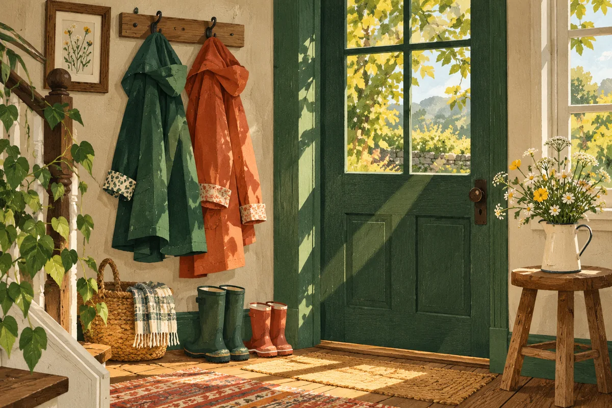 Two raincoats by a doorway with returning sunlight and wildflowers.