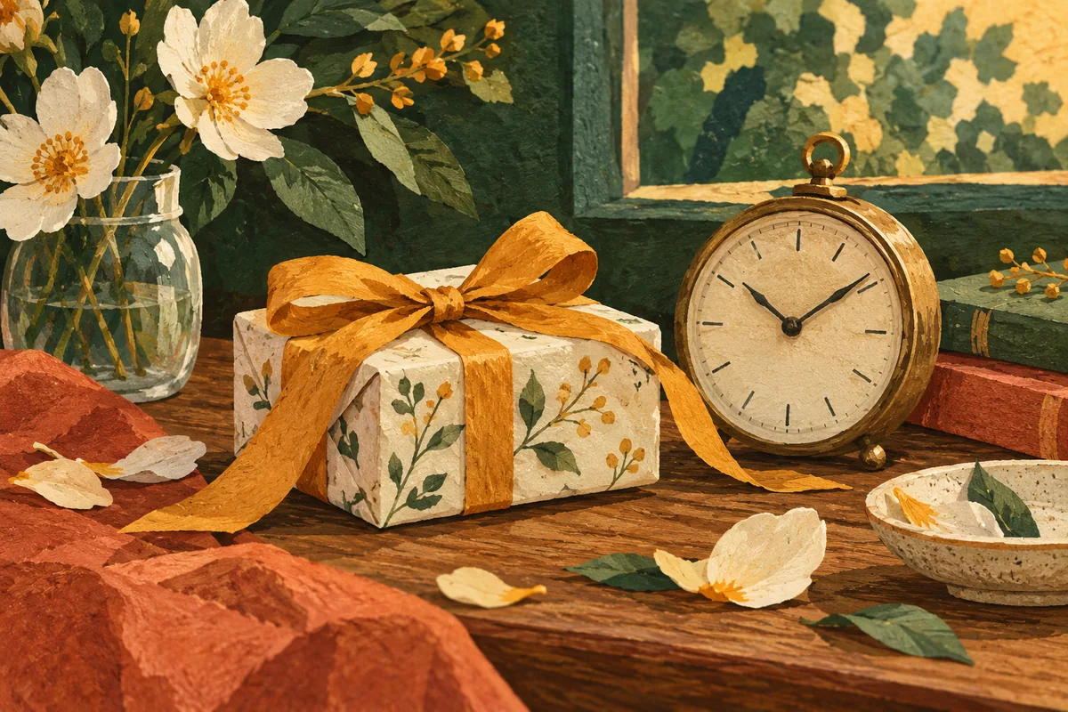 Wrapped gift with an ochre ribbon beside a clock and scattered flower petals.