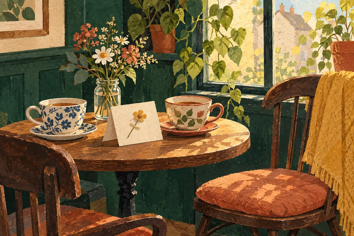Gouache illustration of two teacups and a flower-decorated card at a café table.