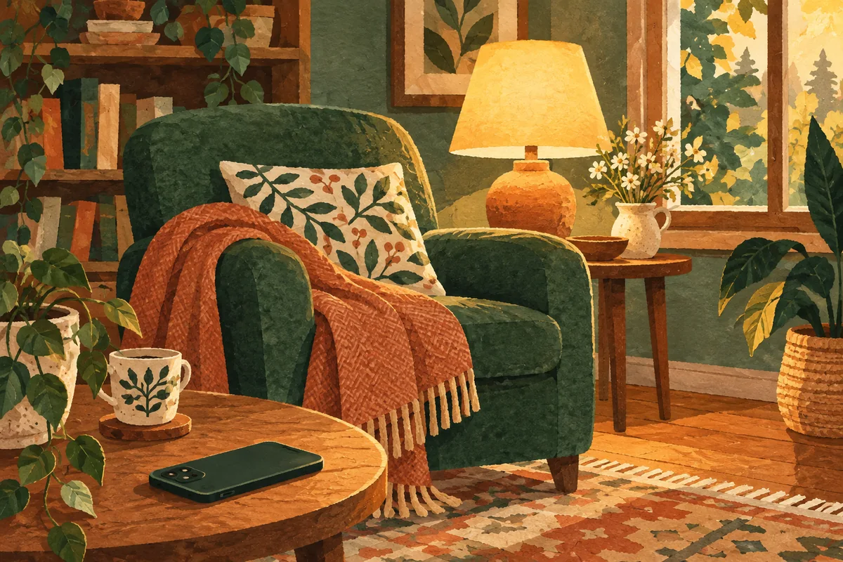Phone beside an empty comfortable armchair and a warm reading lamp.