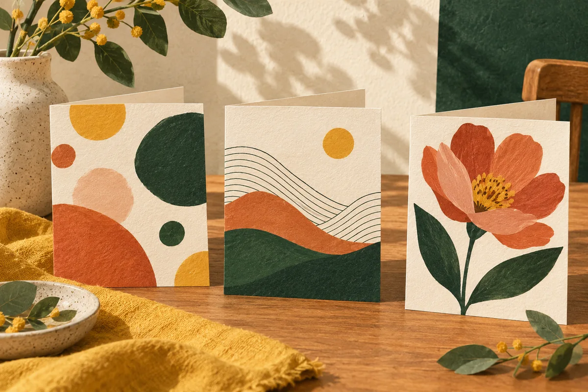 Three folded cards with playful dots, fine lines and a warm flower motif.