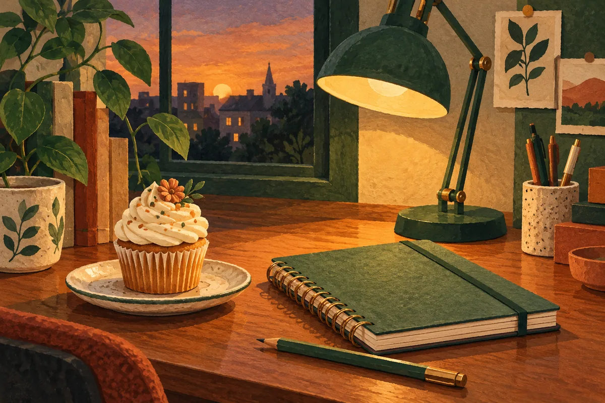 Illustrated cupcake, notebook and green lamp arranged on an office desk.
