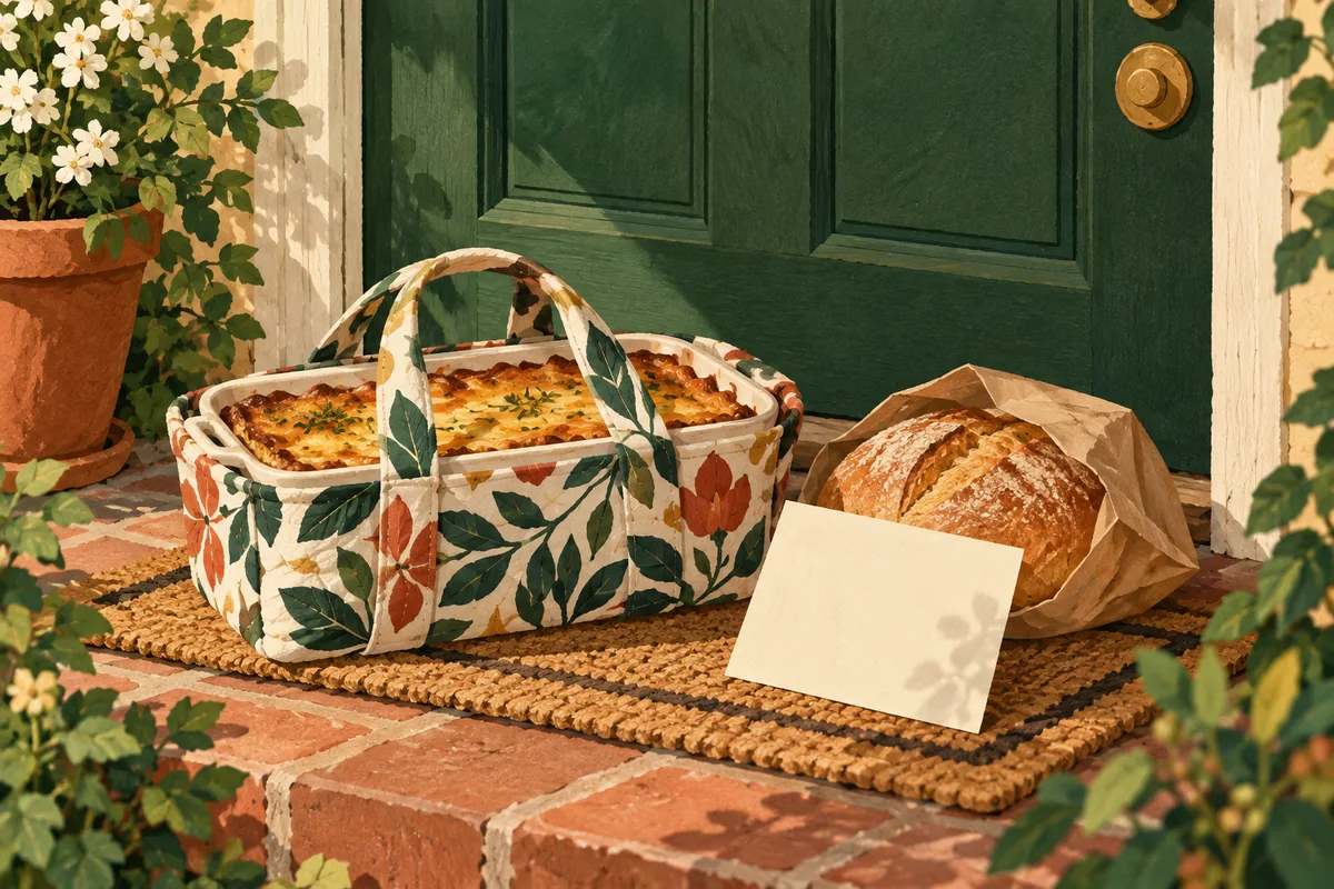 Casserole carrier, fresh bread and a blank note waiting beside a green door.