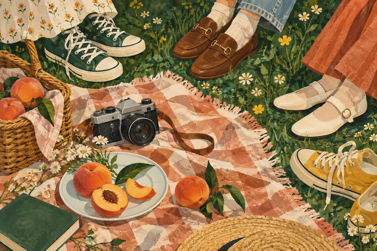 Friends’ shoes near a picnic blanket, peaches and a camera.