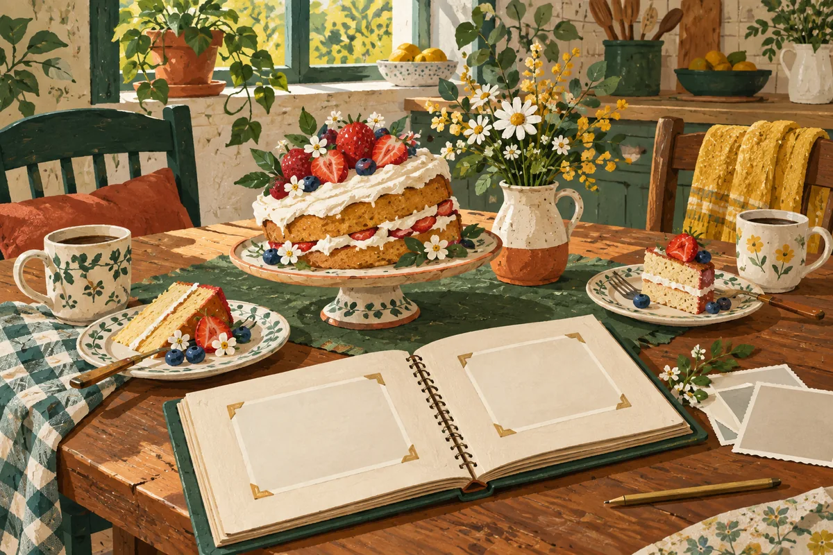 Two breakfast plates, a homemade cake and an open blank album on a kitchen table.