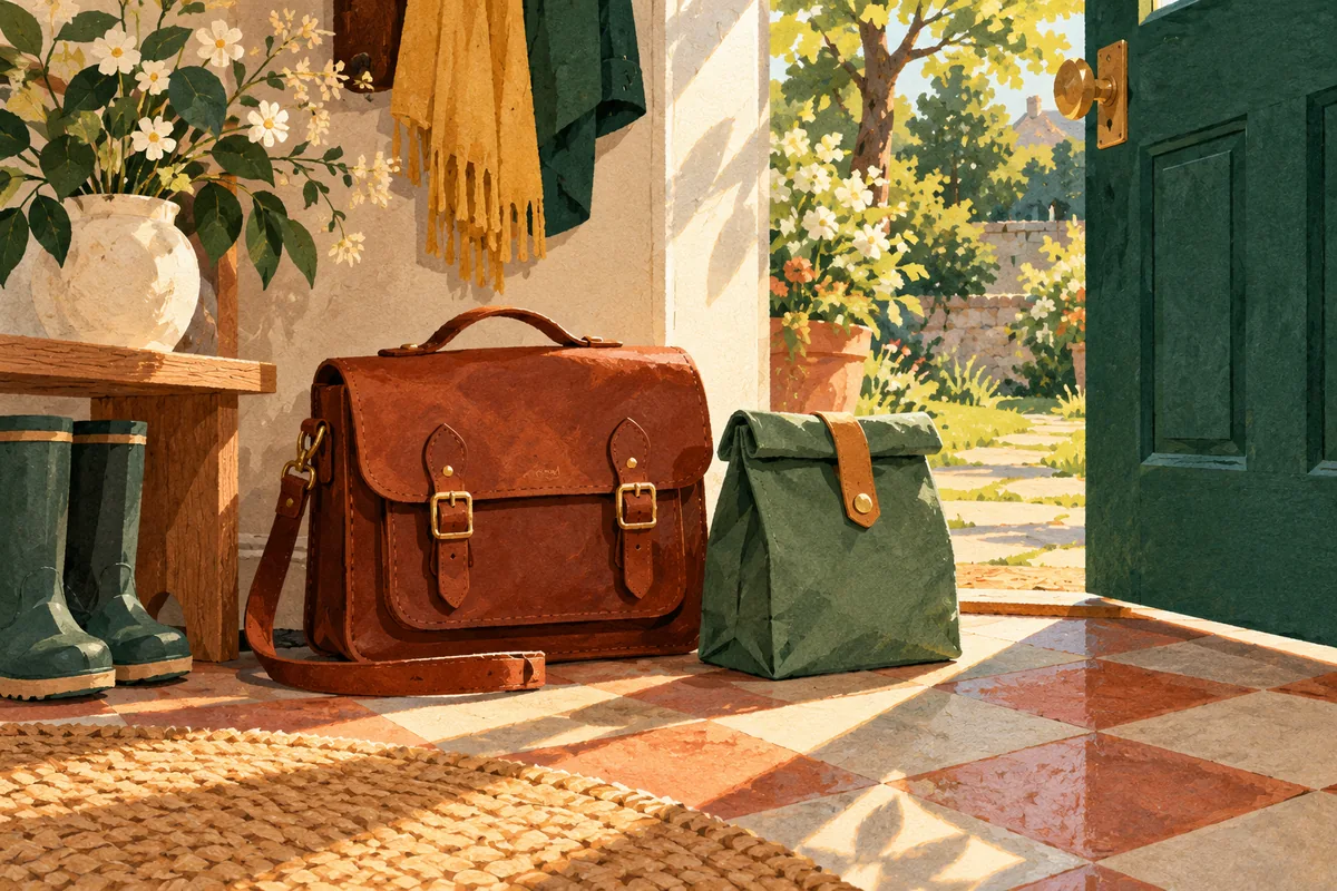 New satchel and lunch bag beside a sunlit open doorway.