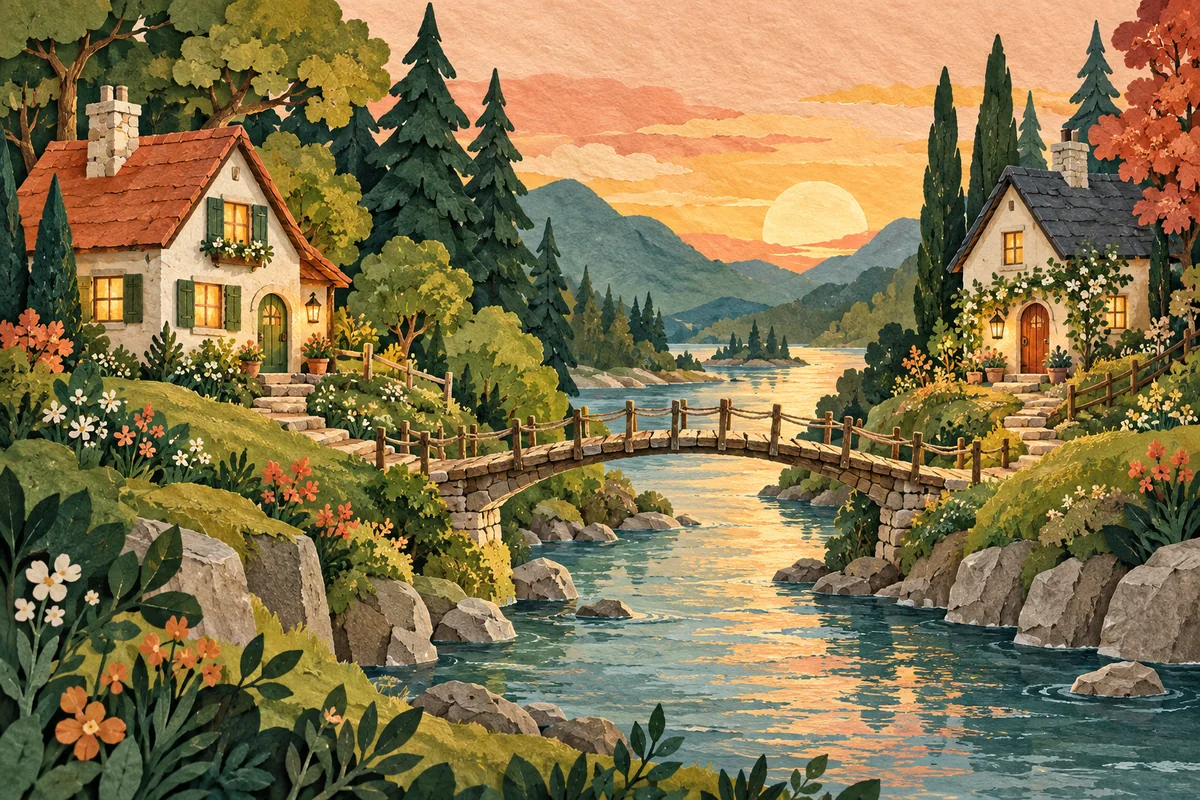 Two small homes on opposite riverbanks with a footbridge between them.