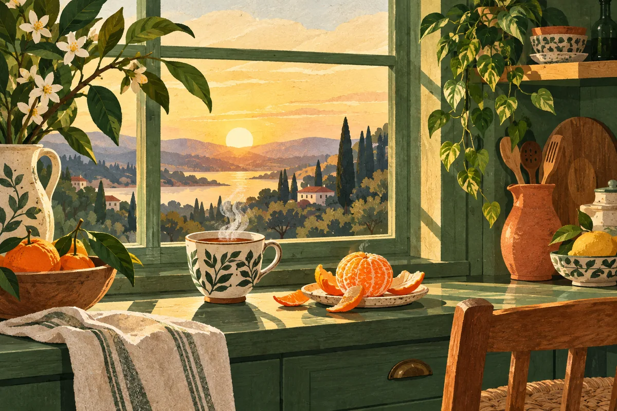 Sunrise in a green kitchen with steaming tea and an orange on the windowsill.