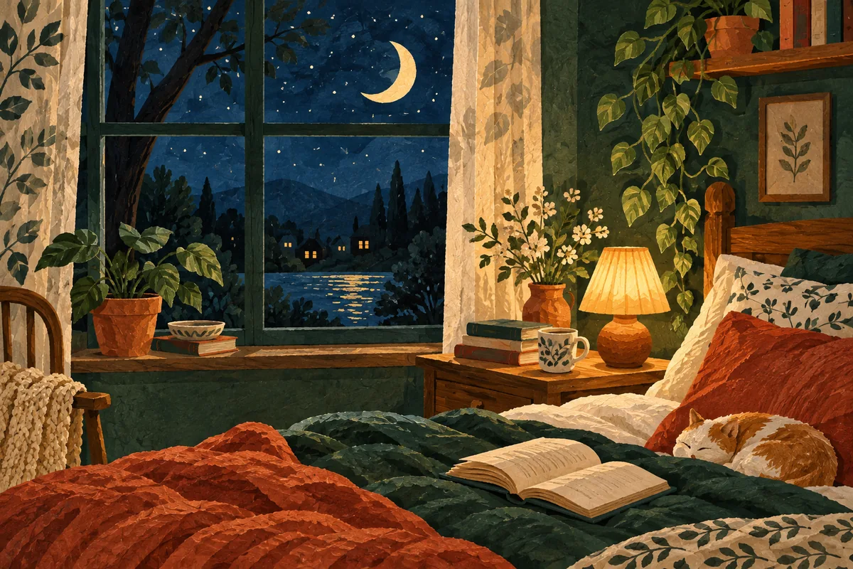 Deep blue bedroom window, crescent moon, bedside book and amber lamp.