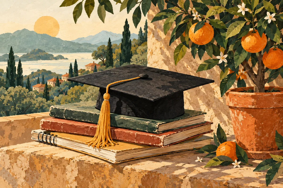 Graduation cap on worn notebooks beside a small orange tree.