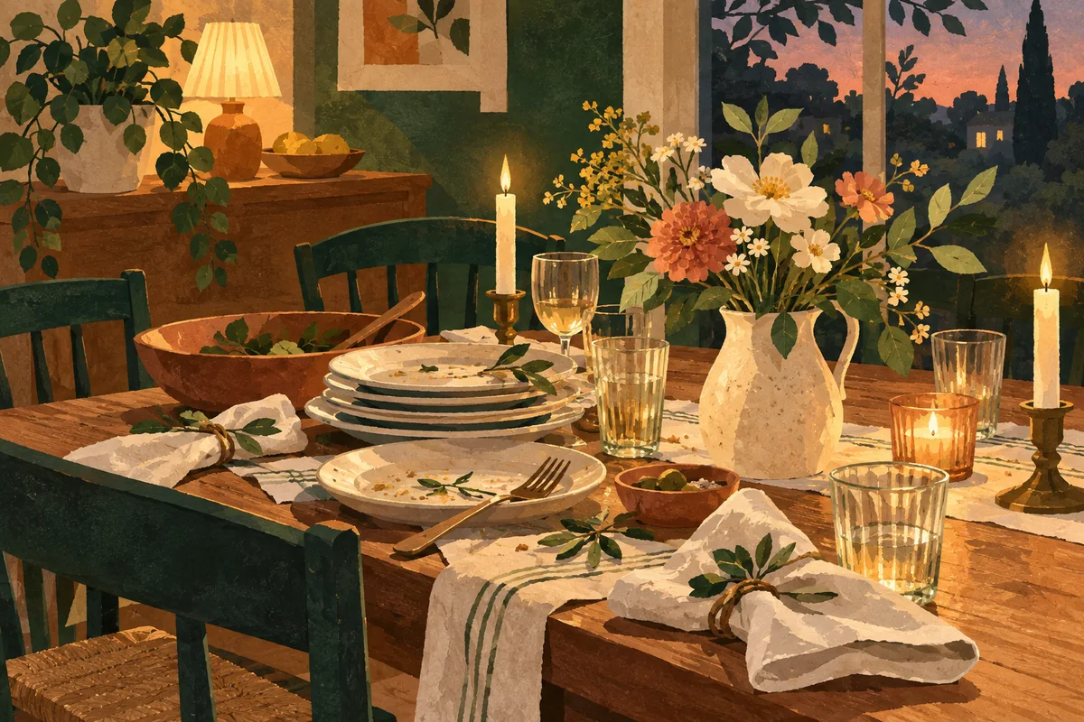 An after-dinner table with stacked plates, flowers and folded napkins.