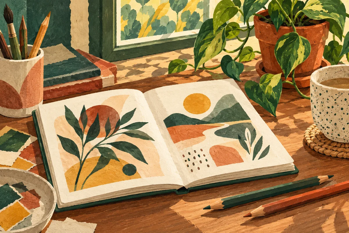 Open sketchbook, pencils and a small plant beside a desk.