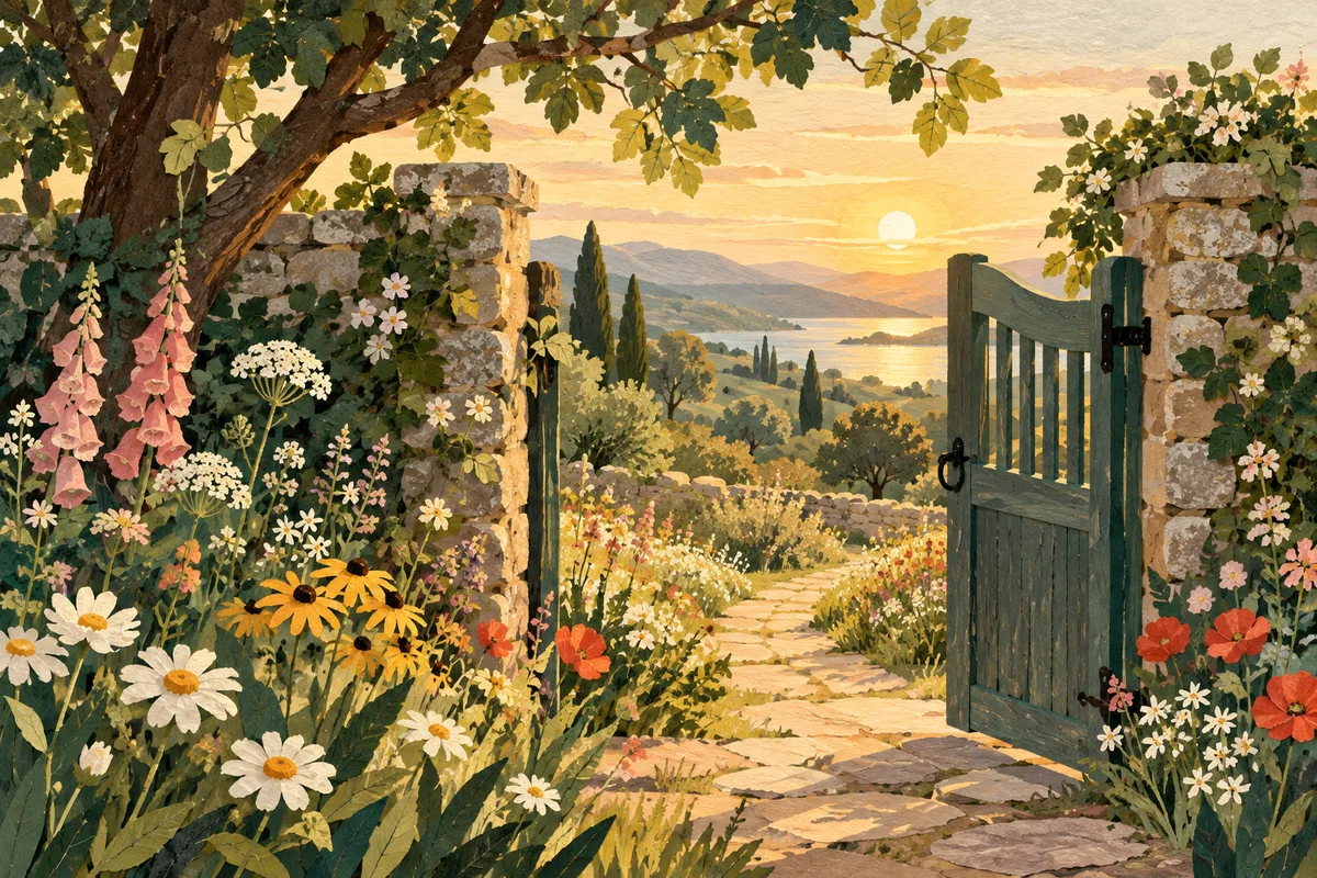 A garden gate gently open between wildflowers and a quiet path.