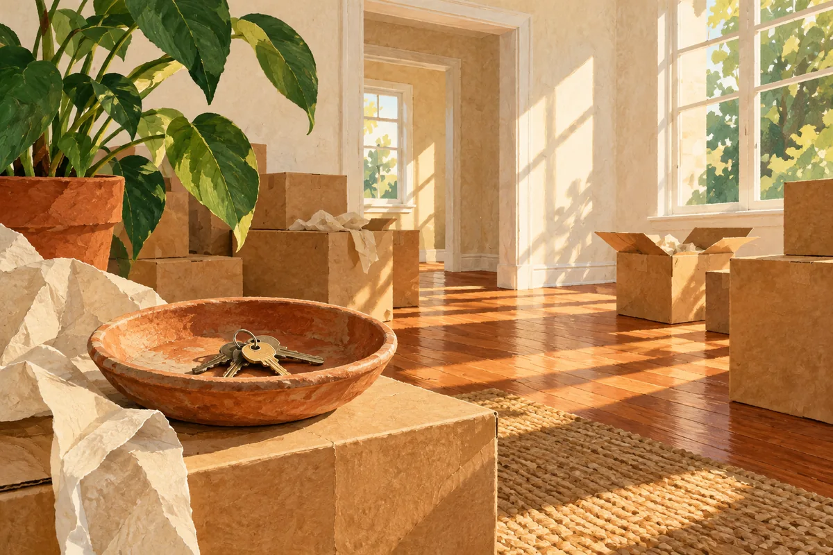 House keys in a clay bowl among moving boxes and a leafy plant.