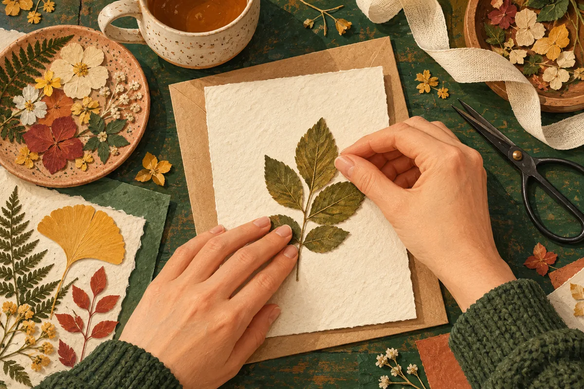 Hands placing a pressed leaf on a blank handmade card at an artist’s desk.
