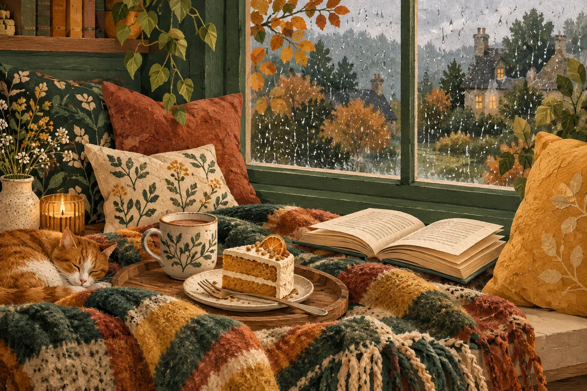 Cake, book and soft blanket on a quiet window seat with rain outside.