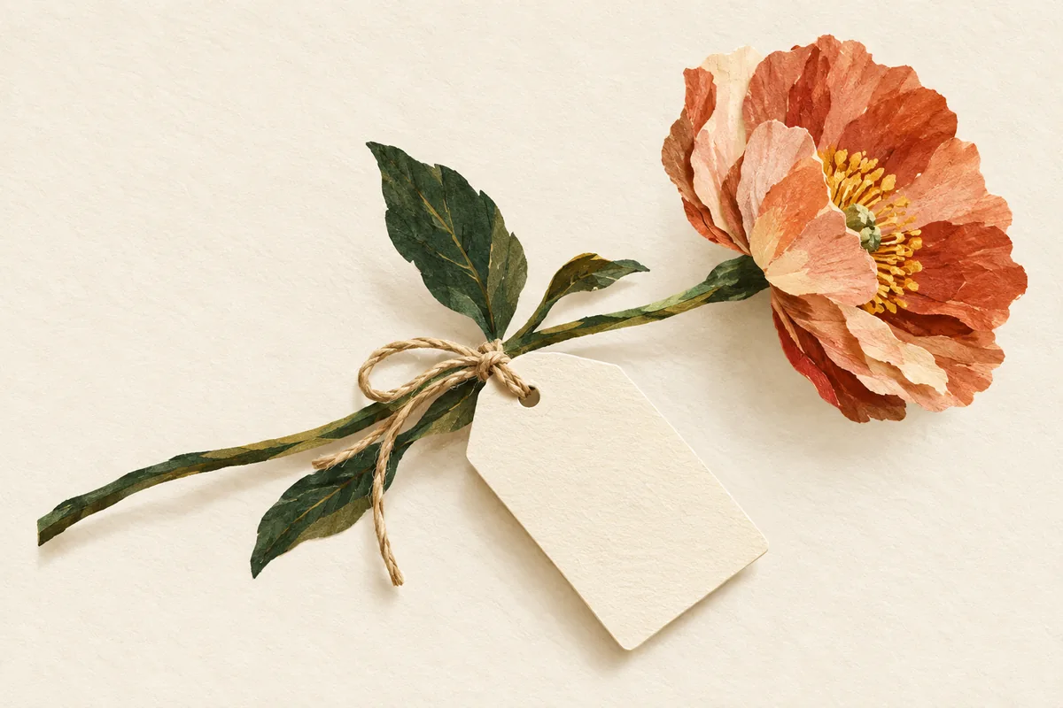 A tiny blank gift tag tied to a single flower on ivory paper.