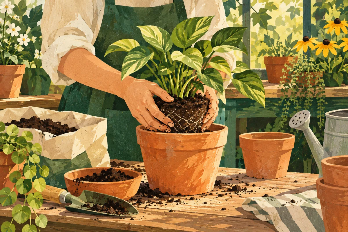 Illustrated hands repotting a healthy young plant on a wooden bench.