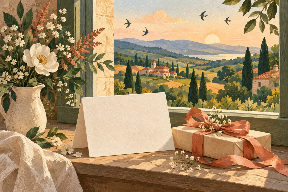 Wedding card and ribbon parcel on a windowsill overlooking countryside.