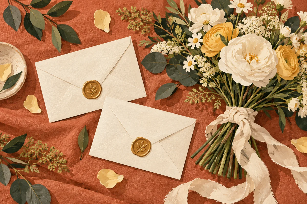 Two ivory envelopes and a loosely tied bouquet on terracotta linen.